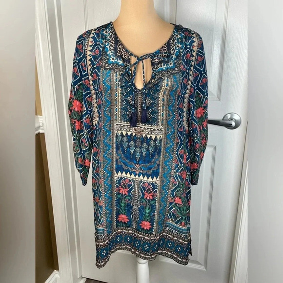 Anthropology TOLANI 100% SILK FLOWY TUNIC MINI DRESS BOHO COASTAL PAISLEY PRINT - Picture 9 of 10